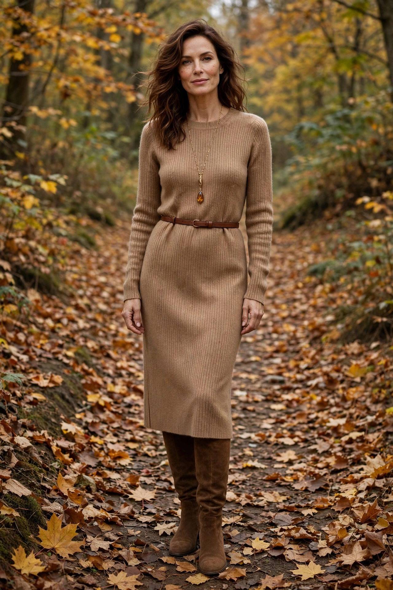 Camel knit sweater dress with tall boots for fall