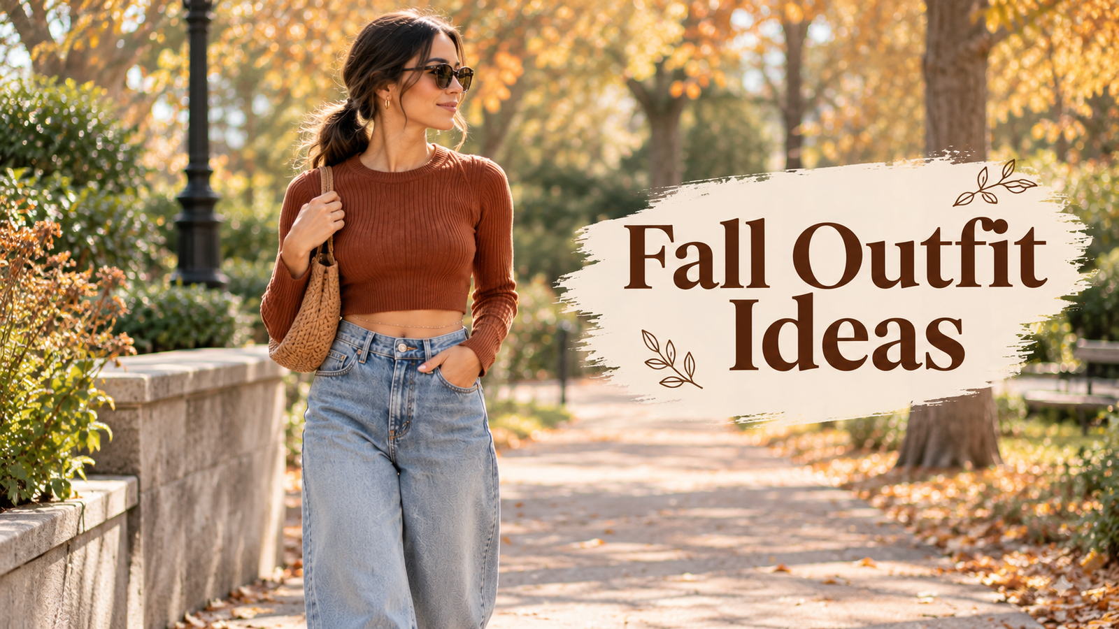 Woman wearing a rust cropped sweater and wide-leg jeans walking through a sunlit autumn park, showcasing stylish fall outfit ideas.