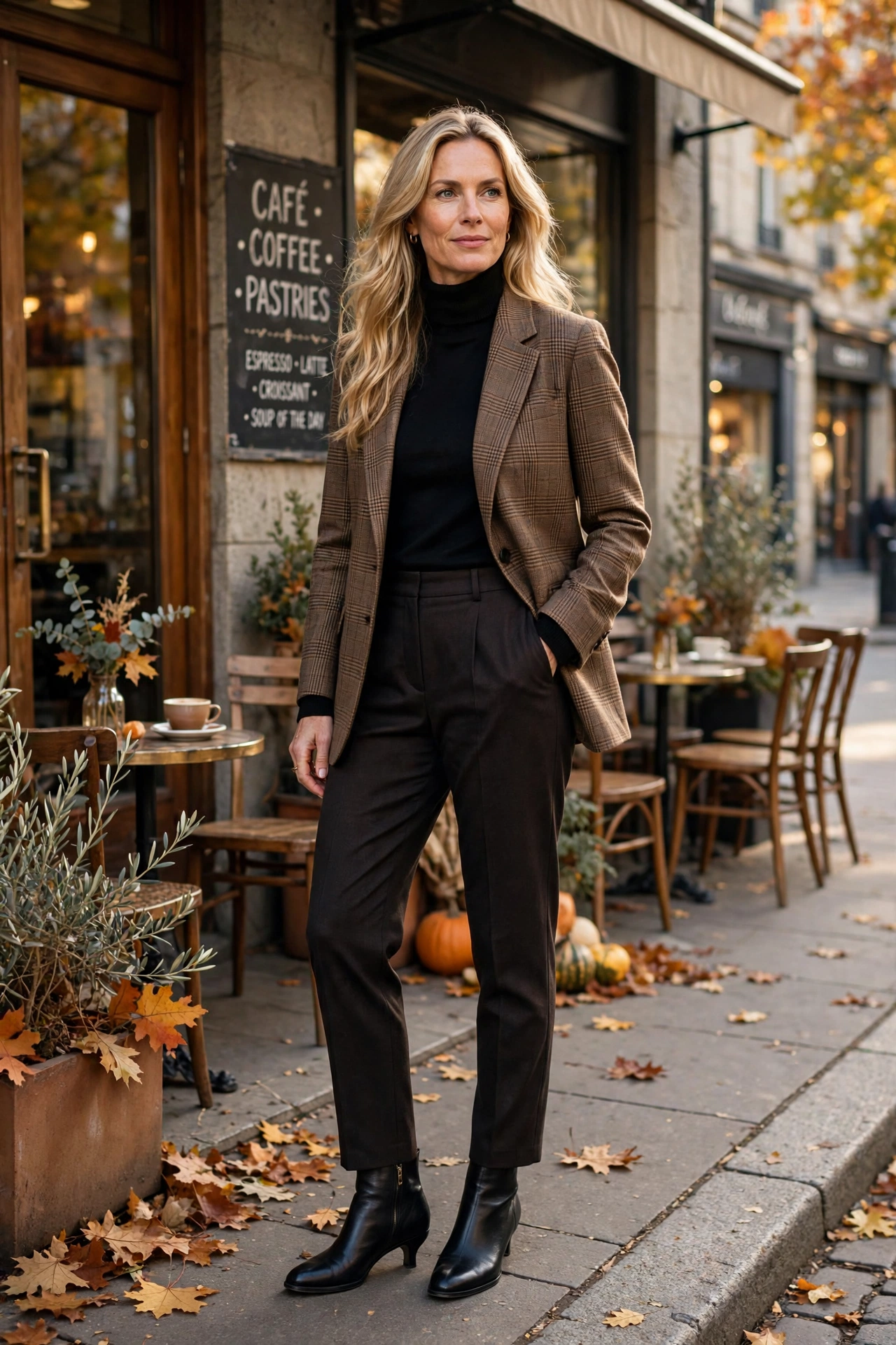 Plaid blazer layered over a black turtleneck for fall