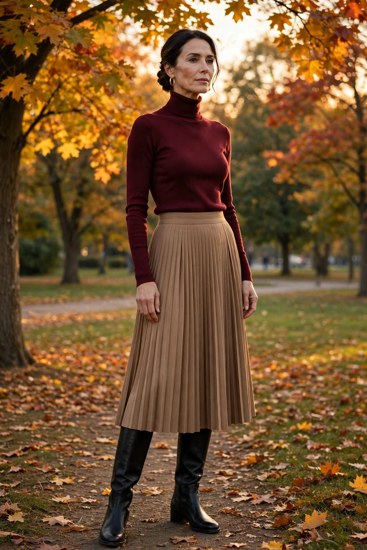 Burgundy turtleneck with pleated midi skirt fall outfit