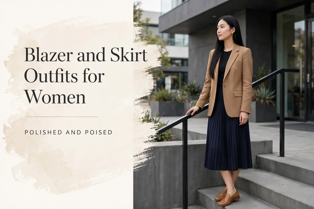 Blazer and skirt outfits for women featured image.