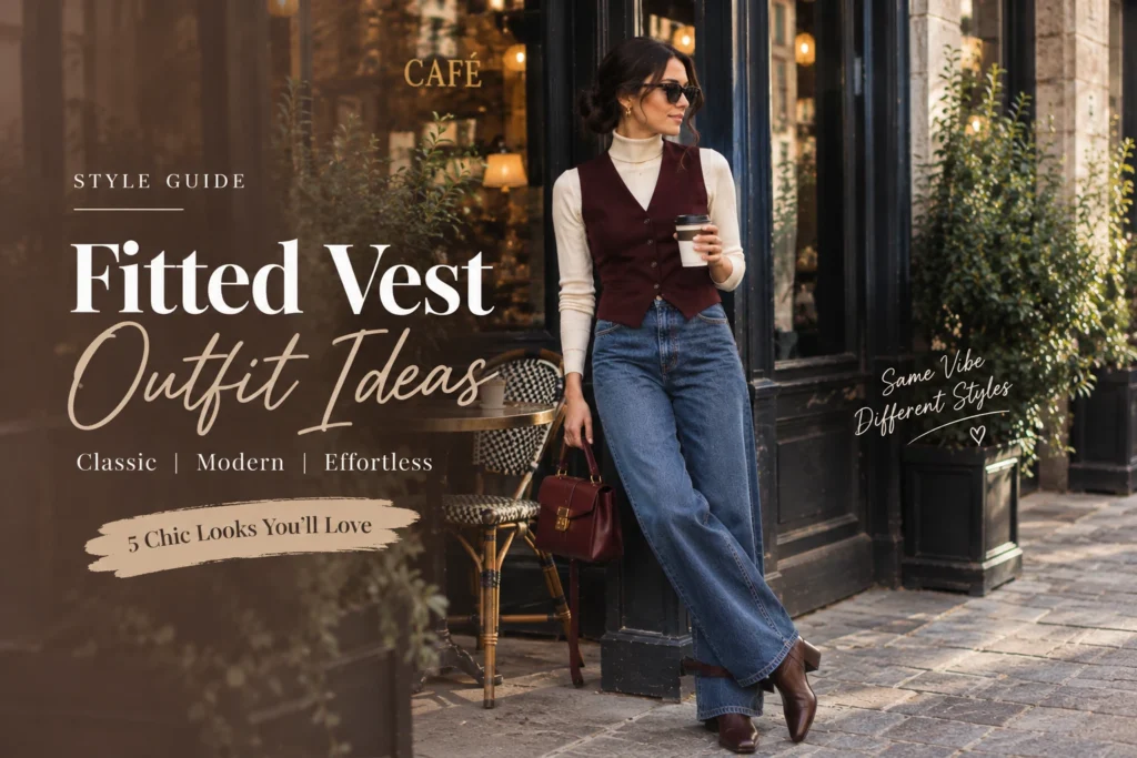 Fitted vest outfit ideas with burgundy vest, cream top, and wide-leg jeans