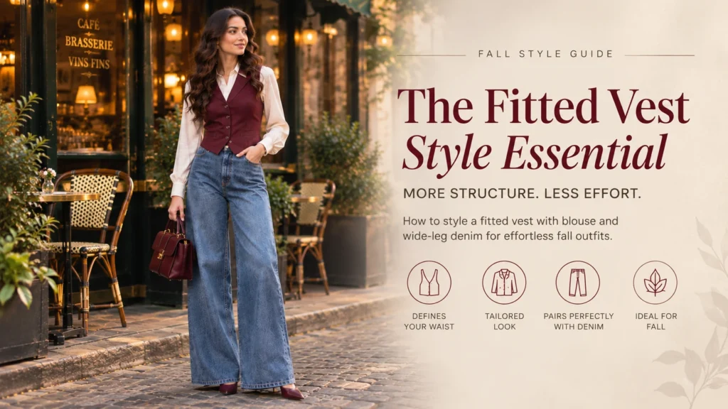 Woman wearing a burgundy fitted vest with a cream blouse and wide-leg jeans