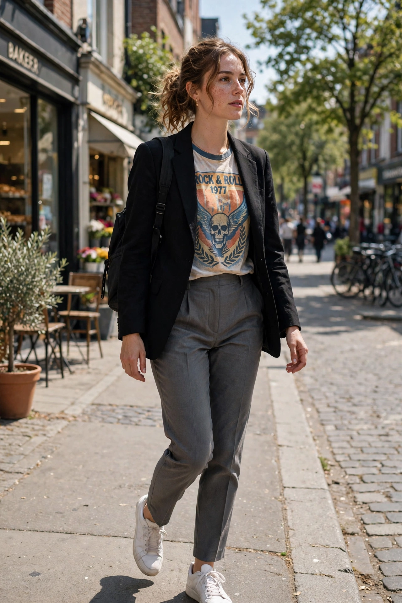 Black blazer with a graphic tee and trousers, one of many blazer and t-shirt outfits for women