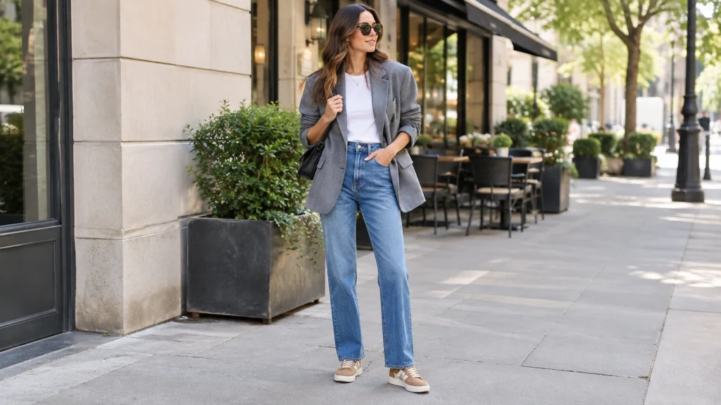 Woman wearing a grey oversized blazer with a white top, straight-leg jeans, and tan sneakers in a casual street-style outfit