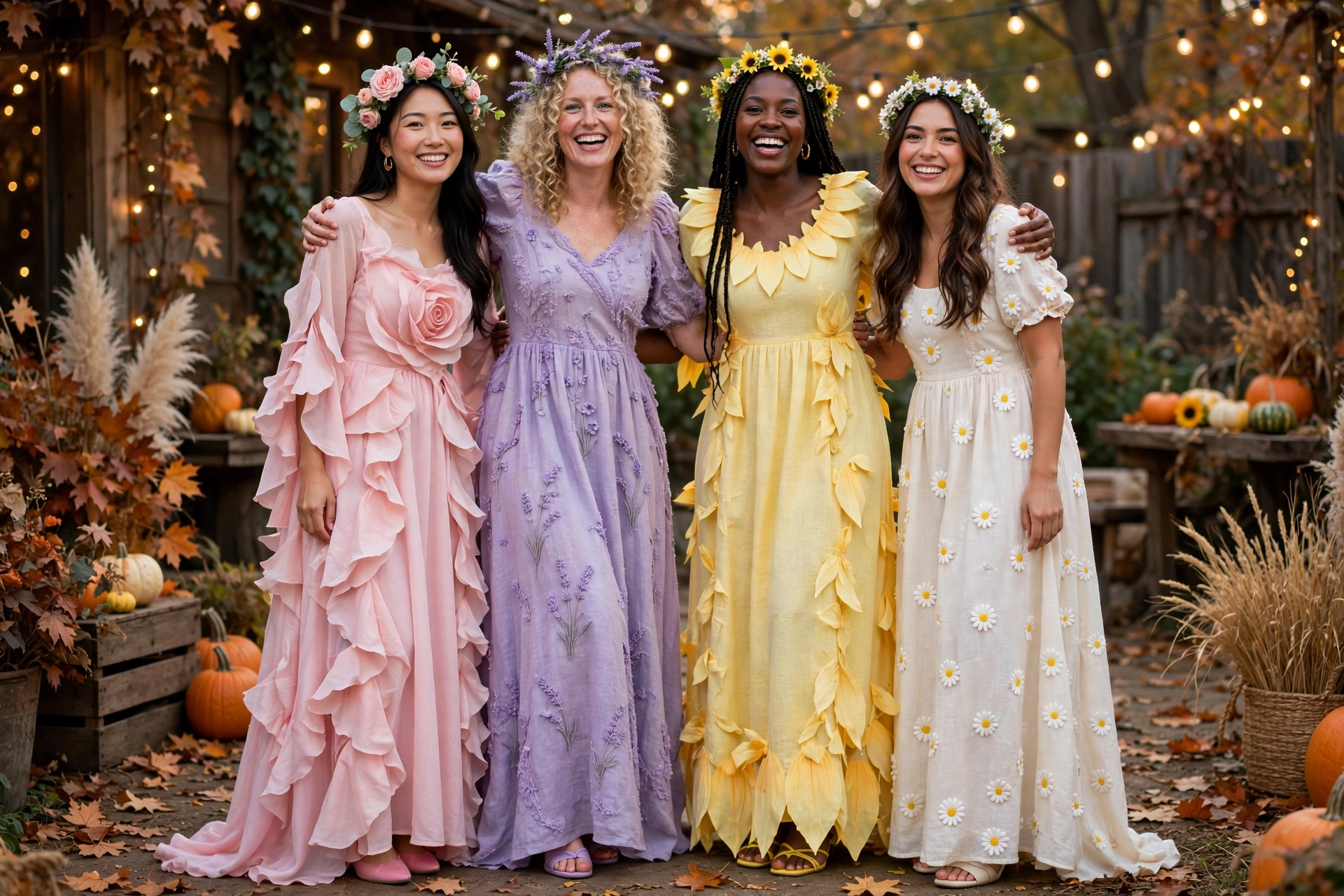 Group of women in coordinated pastel costumes, showing group halloween costumes for women