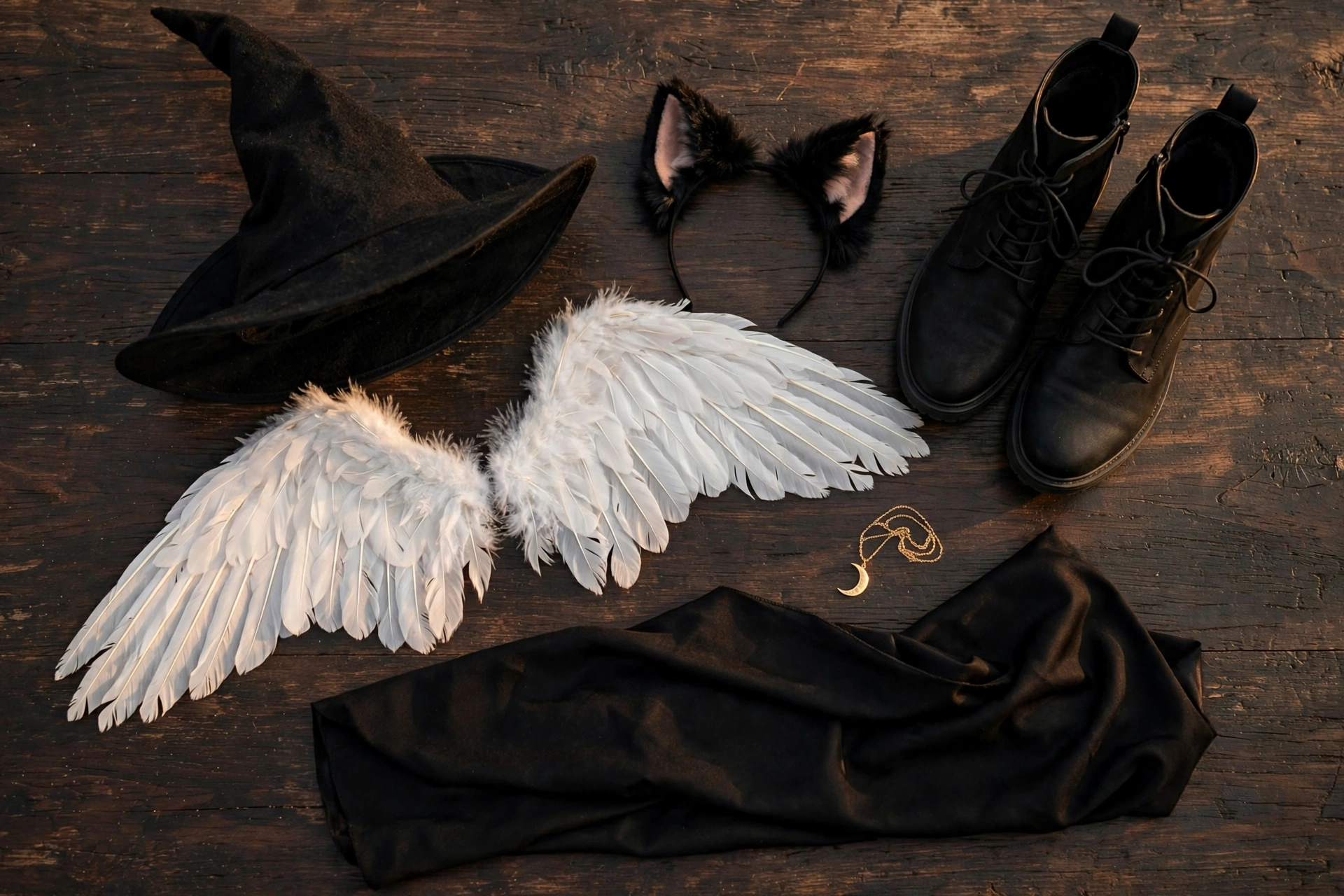 Flat lay of hats, wings, and boots for halloween outfits for women