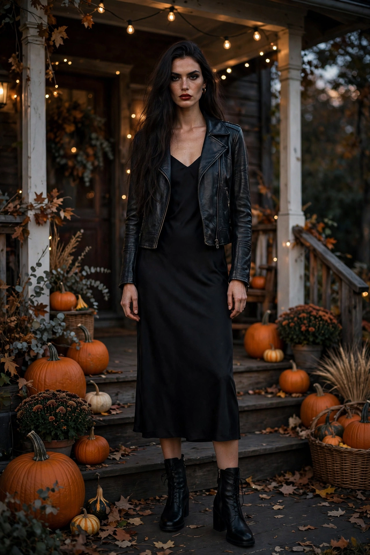 Woman in an all black Halloween outfit with dark lipstick