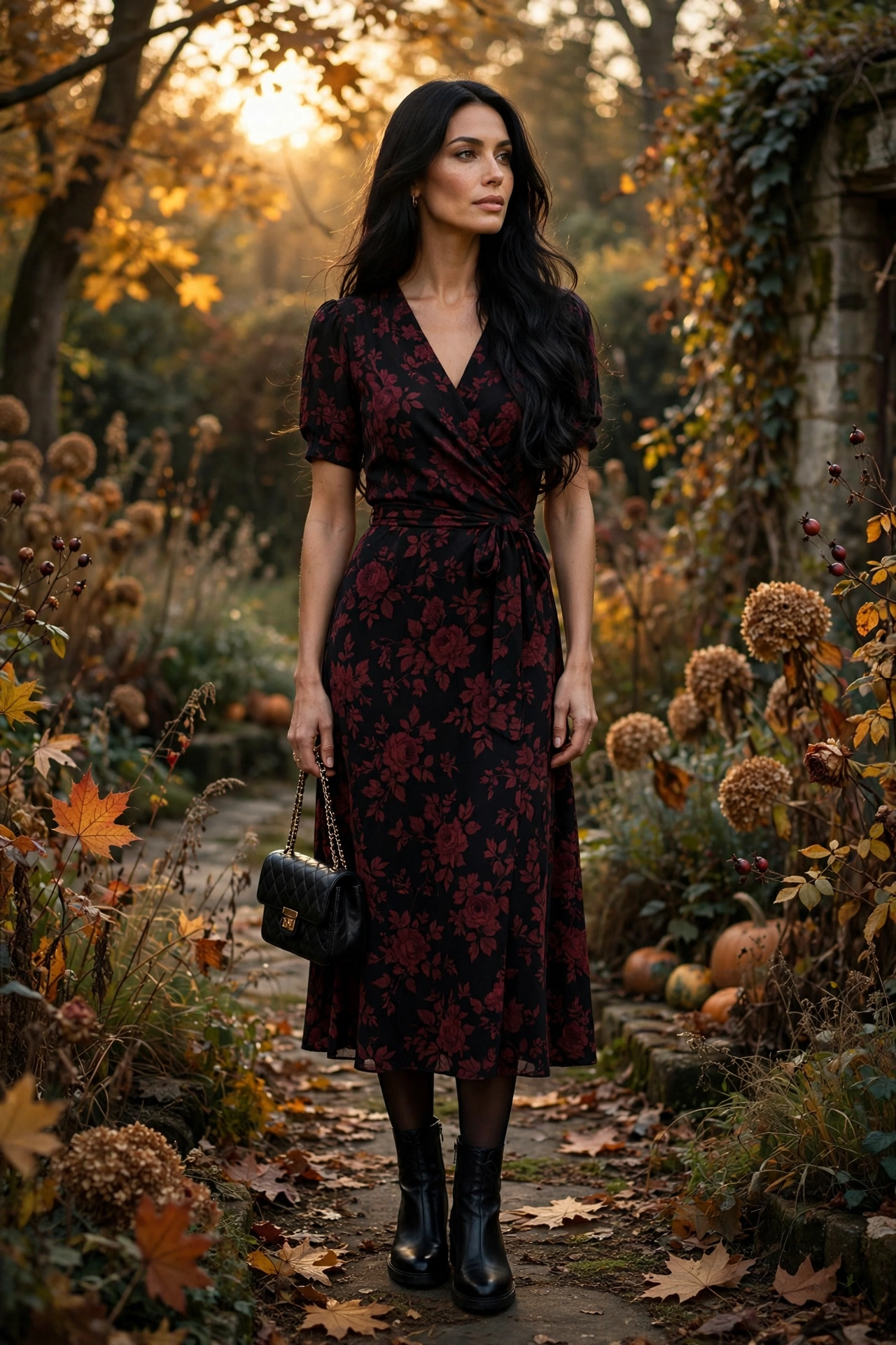 Dark floral midi dress with black tights