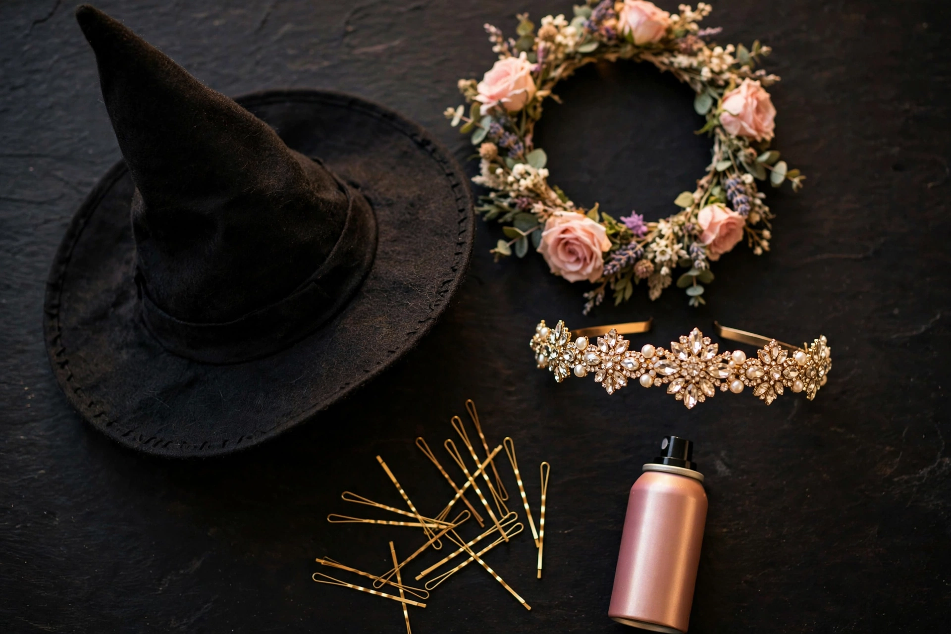 Flat lay of hair accessories for halloween hairstyles for women