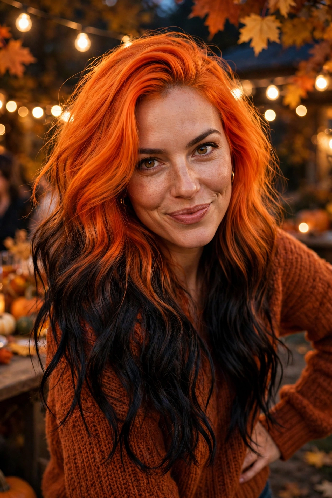 Woman with temporary orange and black hair color, showing halloween hair color ideas
