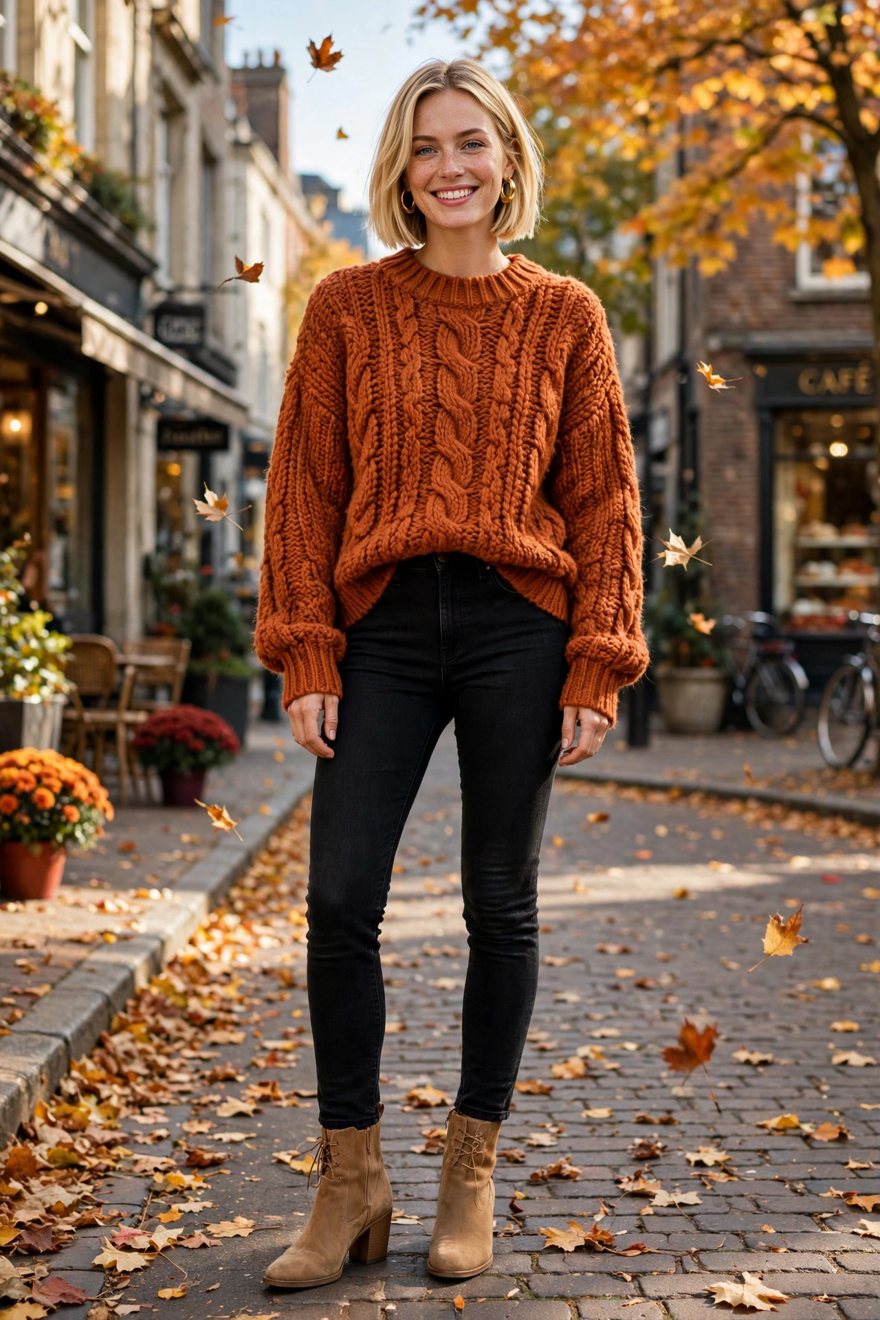 Burnt orange sweater with black jeans for Halloween
