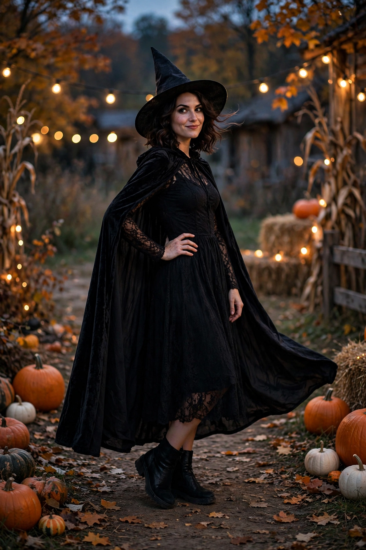 Woman in a stylish black witch outfit, showing halloween outfits for women