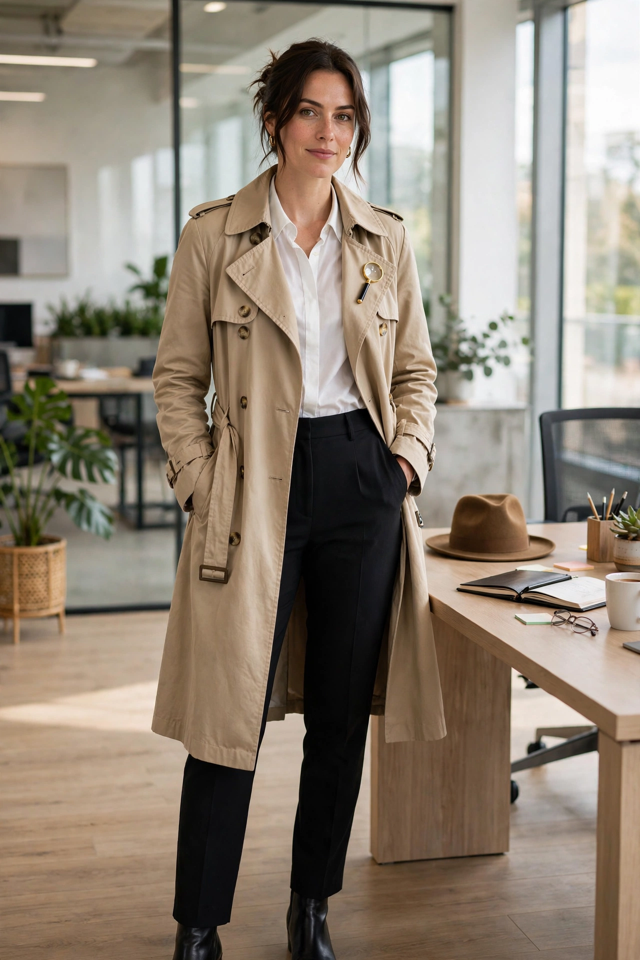 Woman in a subtle detective-style work outfit, showing halloween outfits for work