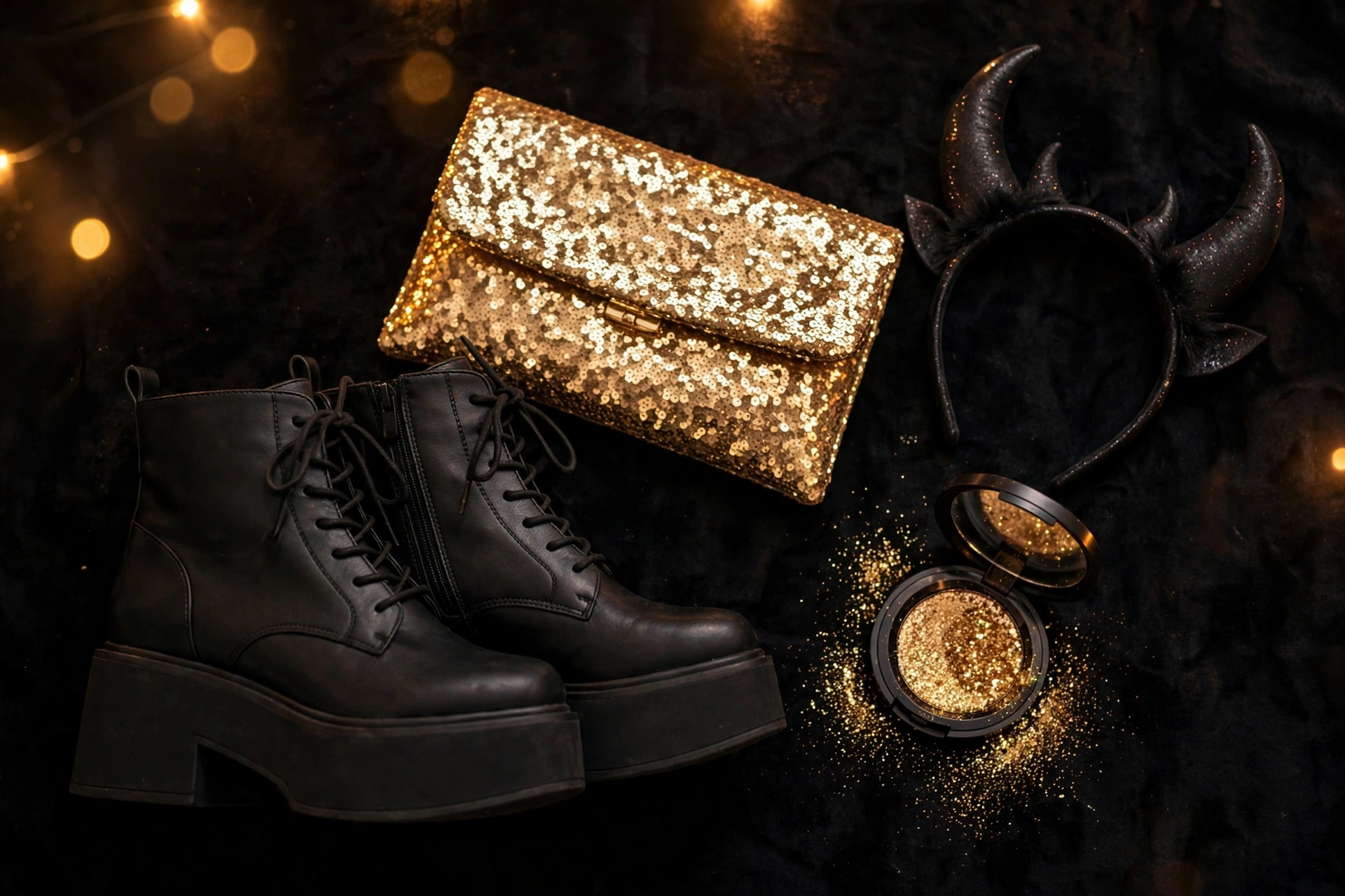 Flat lay of party shoes and accessories for halloween party outfits for women