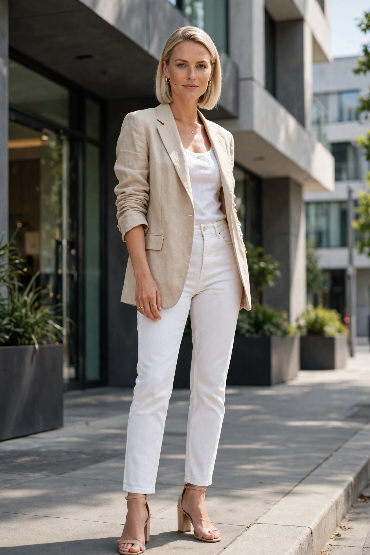 Lightweight beige blazer over a white tank with white jeans