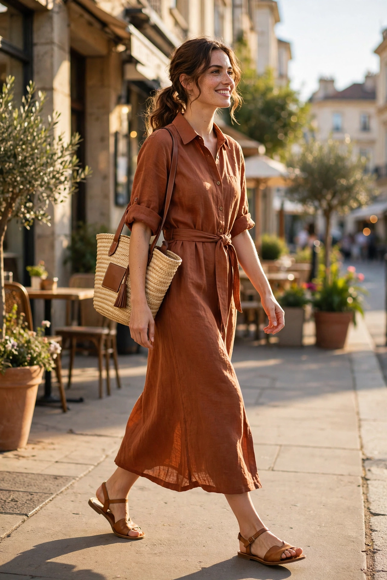 Woman wearing a rust linen shirt dress for warm fall weather