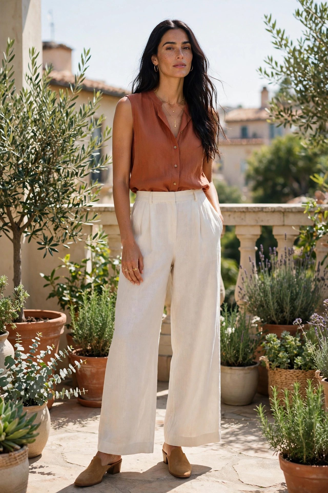 Sleeveless terracotta blouse with wide leg linen pants