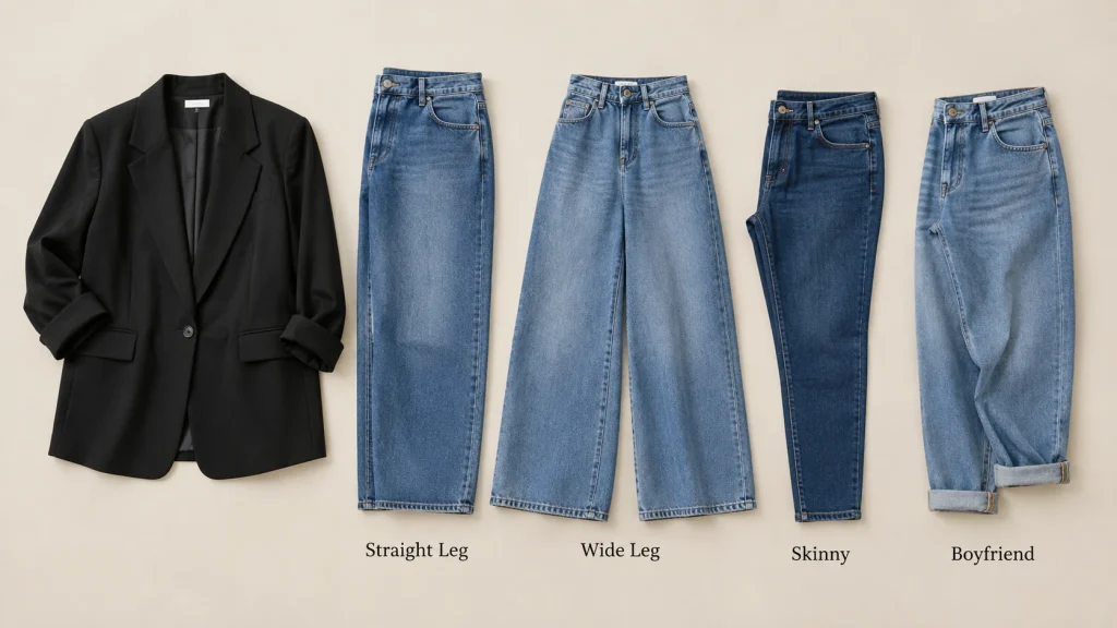 Four jean cuts—straight leg, wide leg, skinny, and boyfriend arranged beside a black blazer on a neutral background.