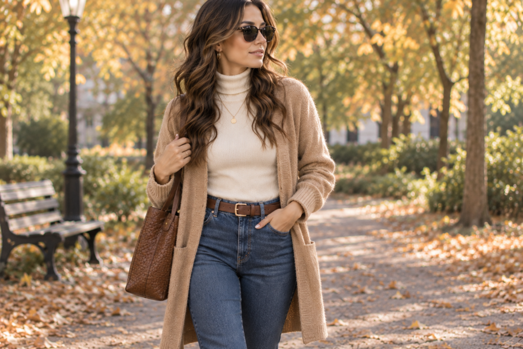 Woman wearing a longline camel cardigan over skinny jeans and knee-high boots