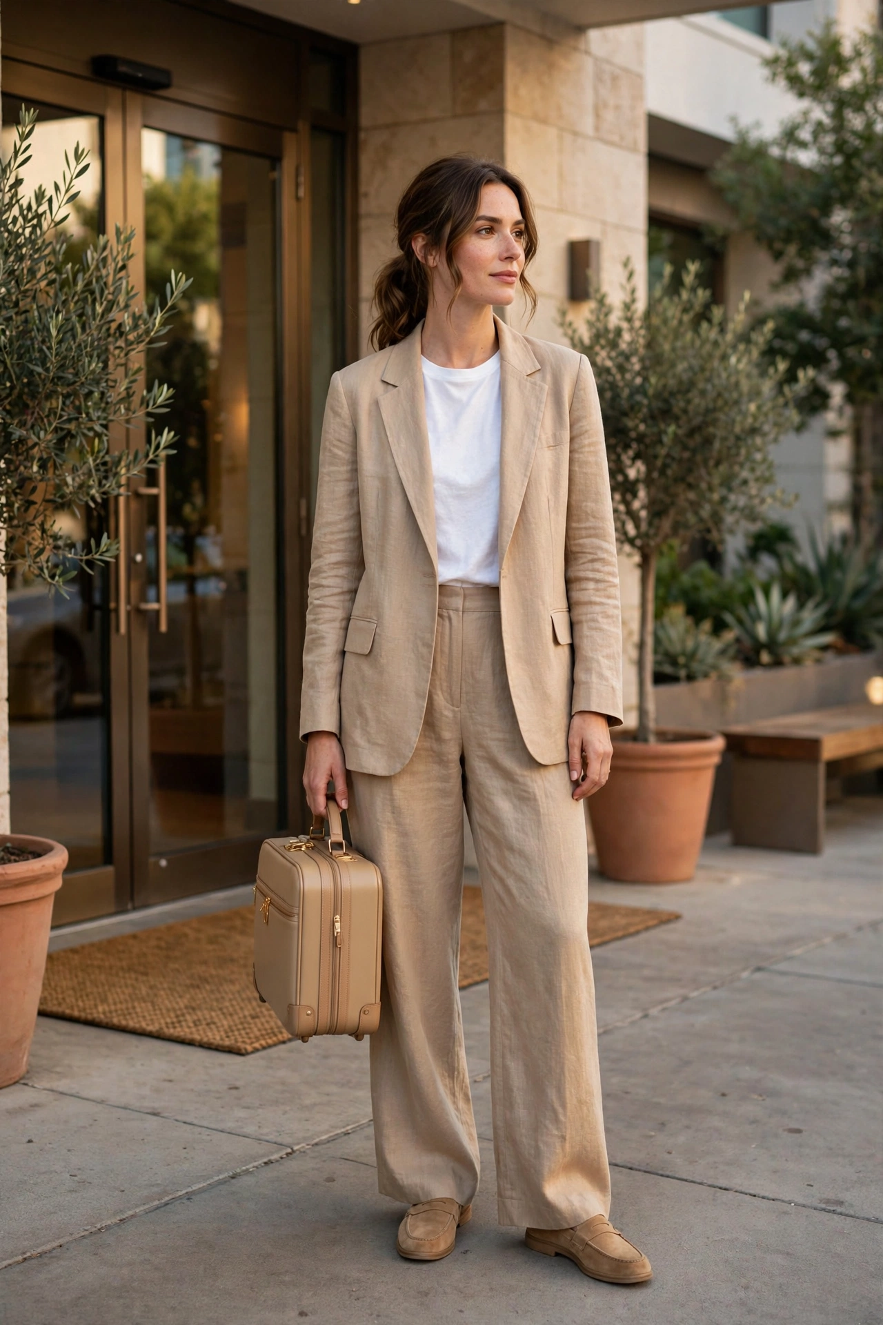Matching blazer and trouser set for casual blazer outfits for travel