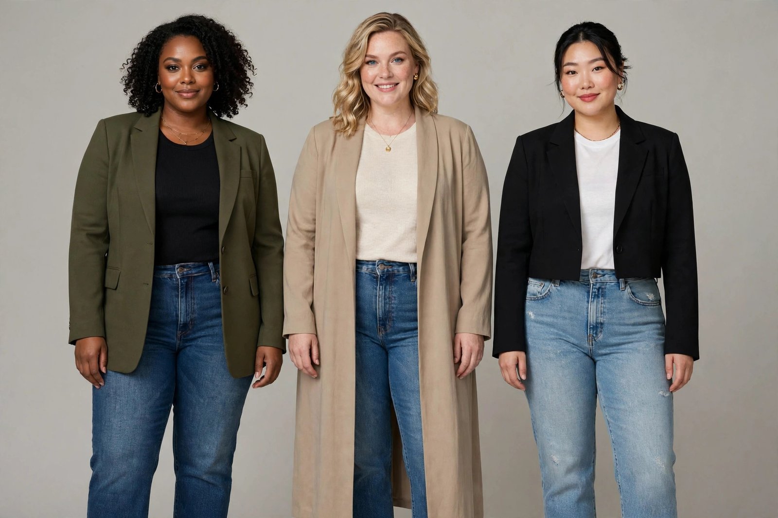 Three plus size women wearing hip-length, long, and cropped blazers side by side
