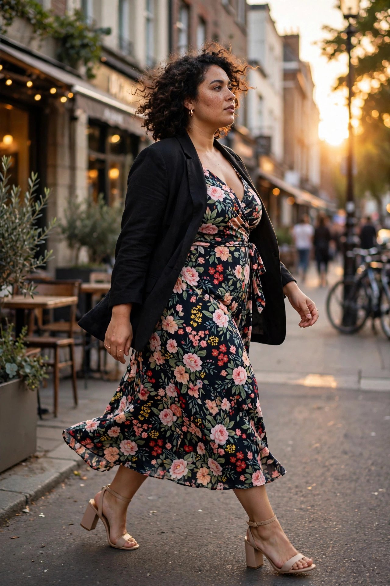 Plus size woman wearing an open blazer over a floral wrap dress