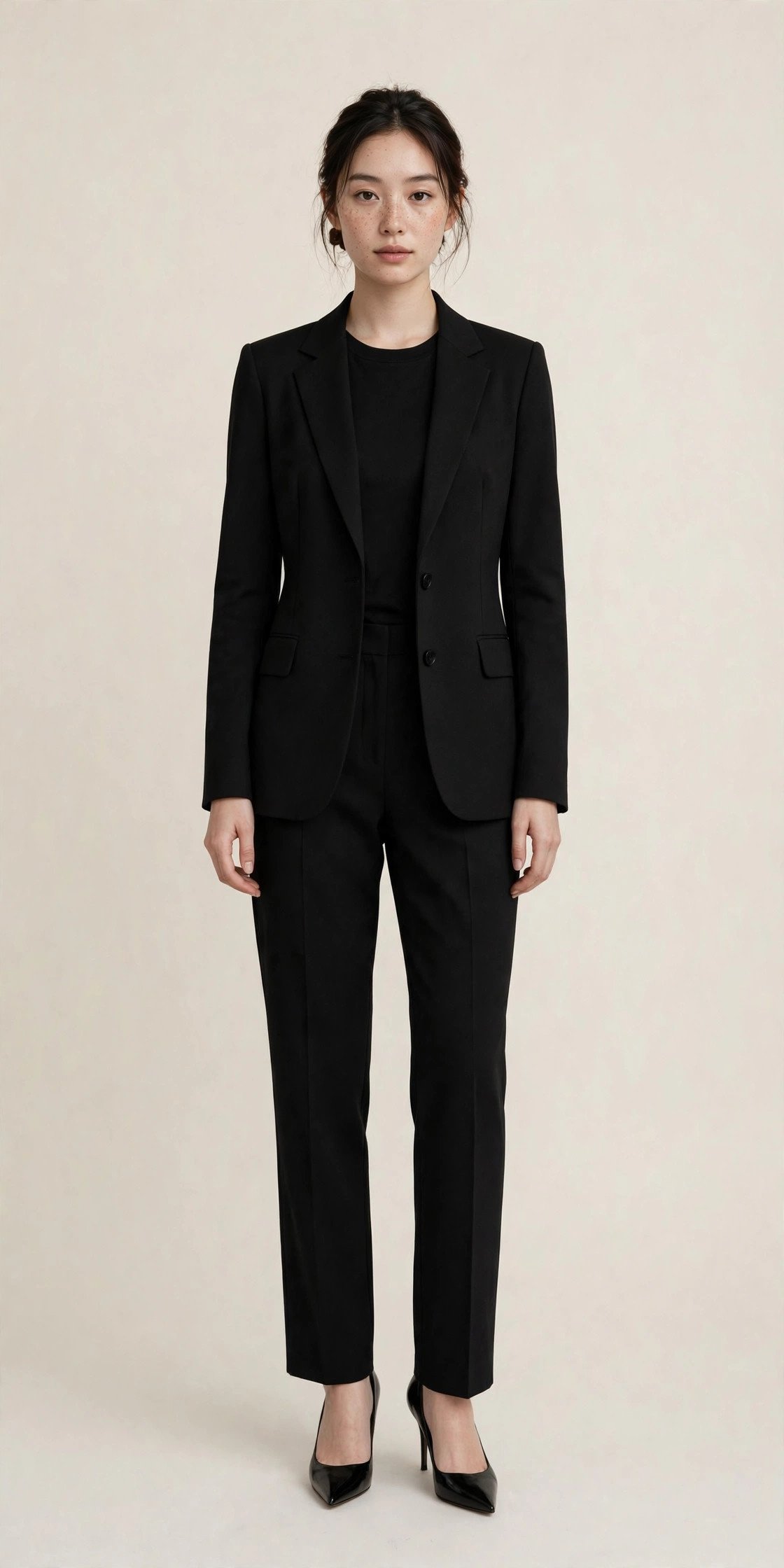 Petite woman wearing an all-black blazer and trouser set with heels