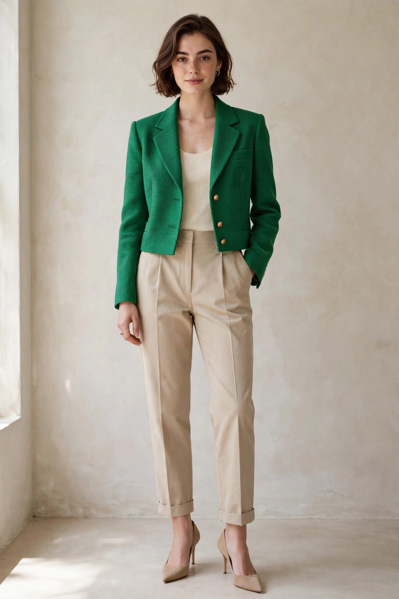 Petite woman wearing a bold emerald blazer with neutral trousers