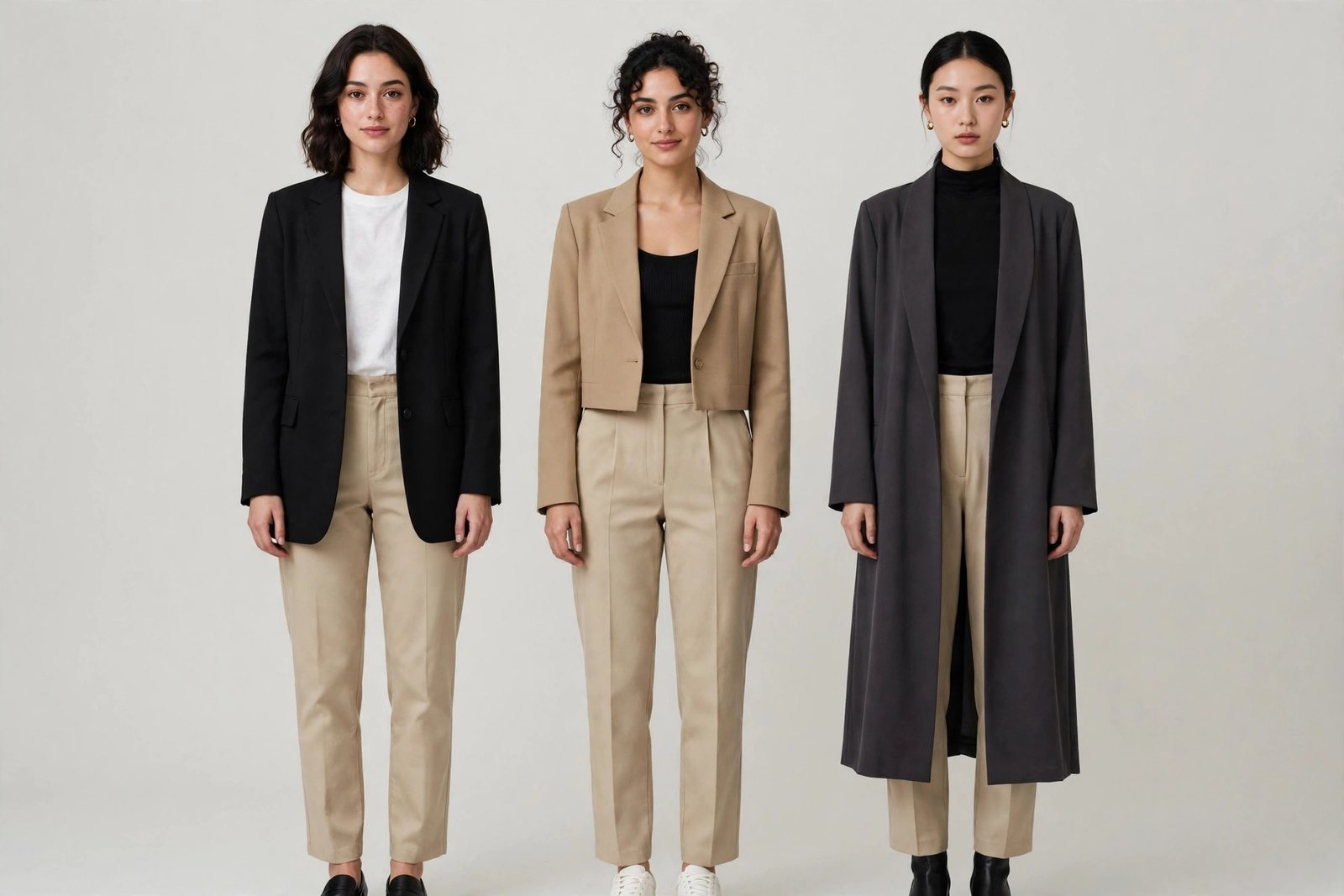 Three petite women demonstrating hip-length, cropped, and long blazer silhouettes