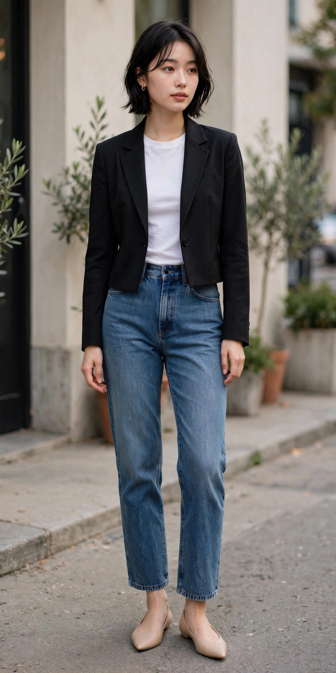 Petite woman wearing a cropped blazer with high-waisted jeans and heels