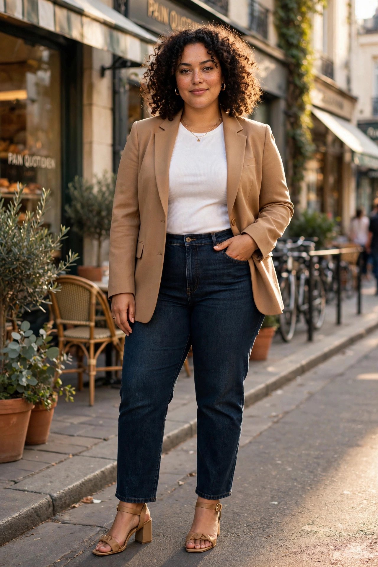 Confident plus size woman wearing a tailored camel blazer over jeans and a white top