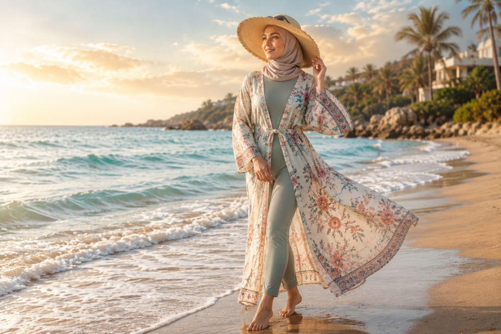 Woman in a flowing kaftan layered over a swimsuit at the beach