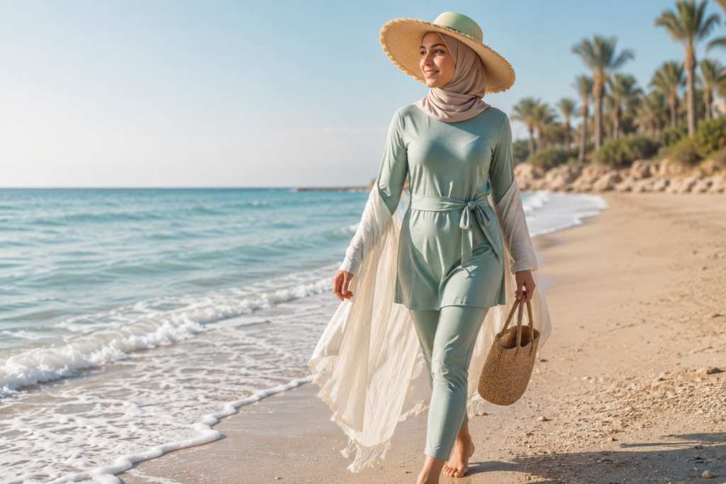 Woman in a modest long-sleeve swimsuit and cover-up walking on the beach