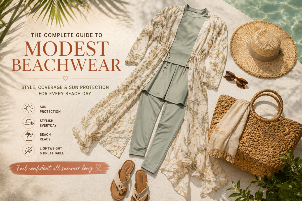Modest beachwear outfit with a long-sleeve swimsuit, floral cover-up, straw hat, tote bag, and sandals