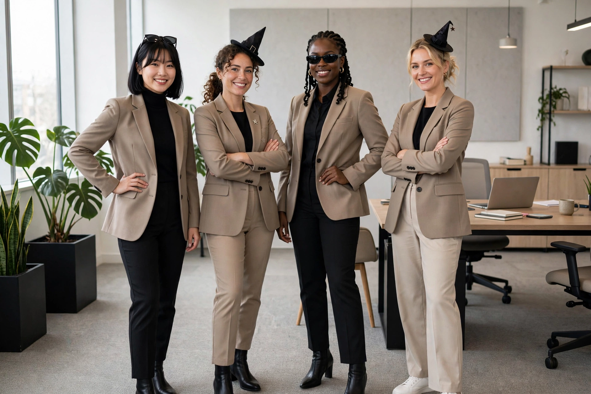 Group of women in coordinated subtle blazer costumes, group halloween costumes for women
