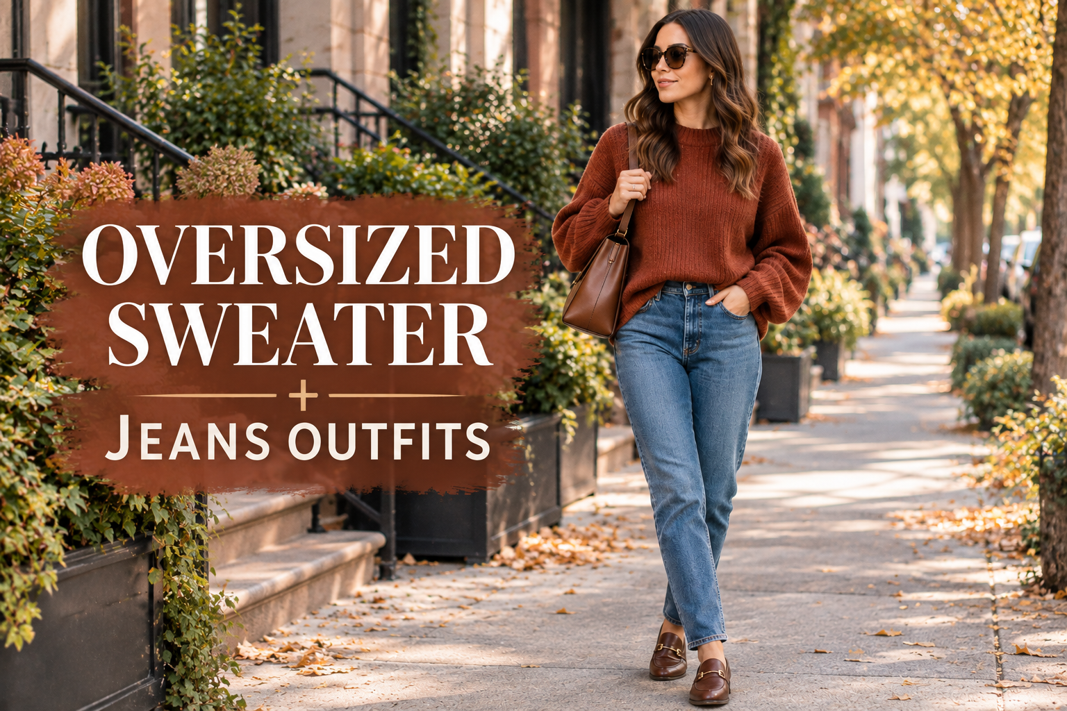 Oversized rust sweater with blue jeans and brown loafers for a stylish autumn outfit