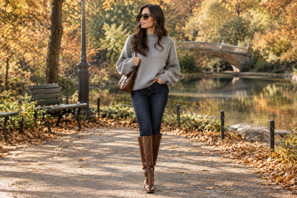 Gray oversized sweater styled with dark slim jeans and tall brown leather boots.