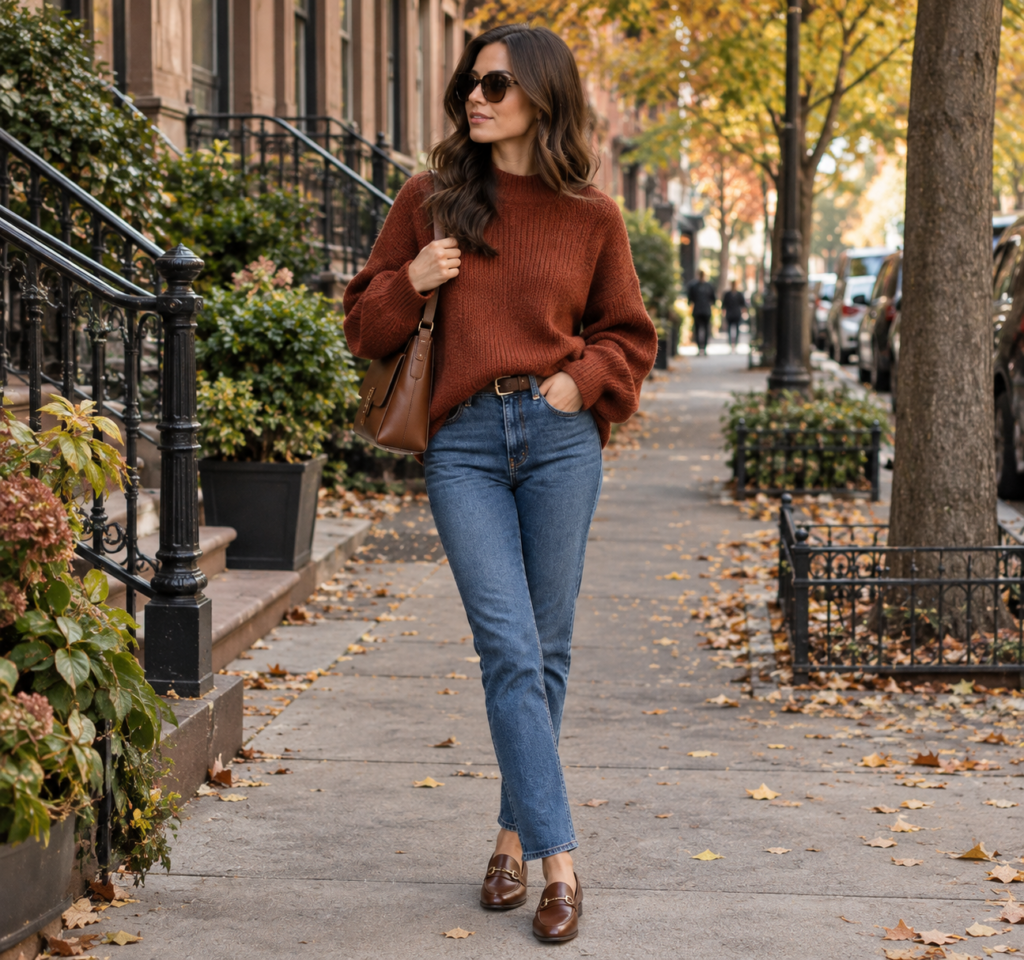 Rust oversized sweater paired with tapered blue jeans and brown loafers for fall.