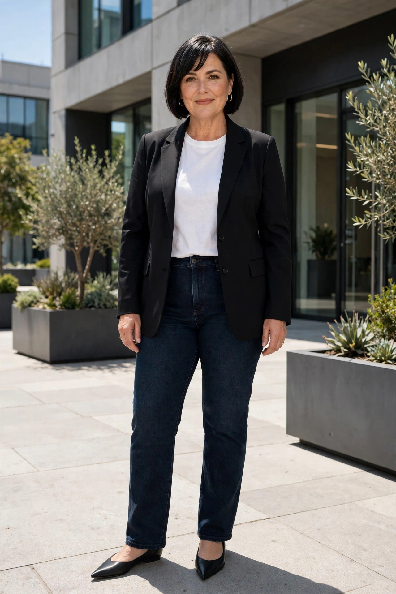 Black blazer over a white tee with dark jeans