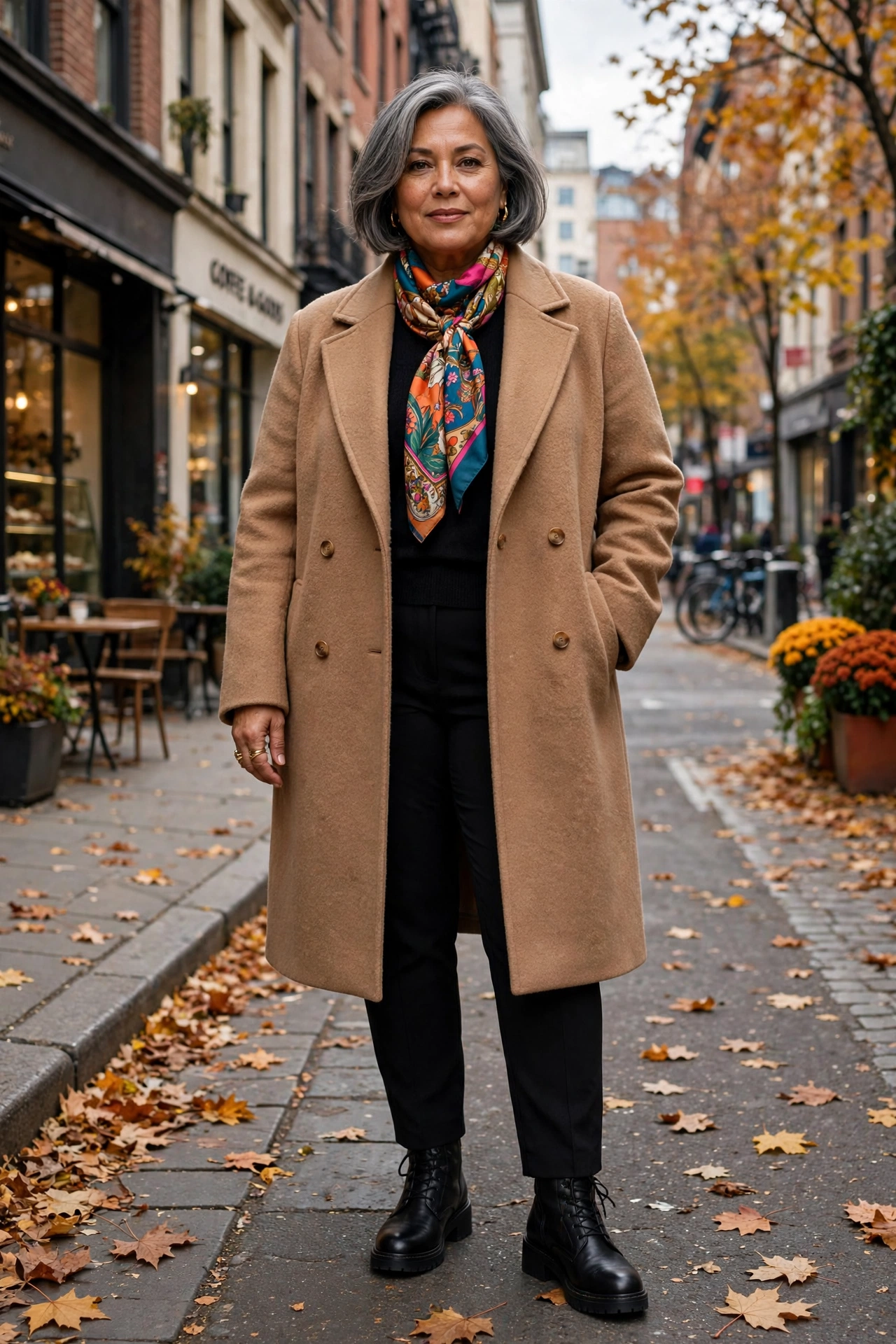 Camel wool coat over simple black basics