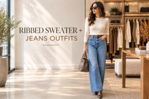 A chic ribbed sweater and jeans outfit styled with wide-leg denim and brown leather boots.