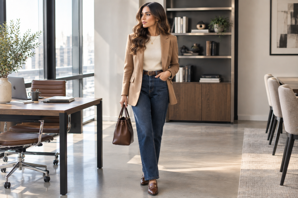 Fine-knit ribbed sweater styled with dark jeans, tailored blazer, and loafers for an office outfit.