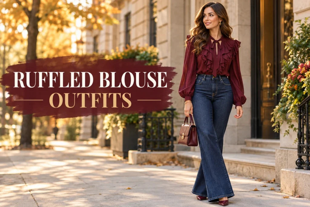 Woman wearing a wine-colored ruffled blouse with dark flare jeans and heels in a stylish fall outfit.