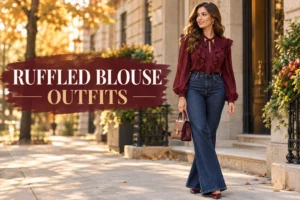 Woman wearing a wine-colored ruffled blouse with dark flare jeans and heels in a stylish fall outfit.