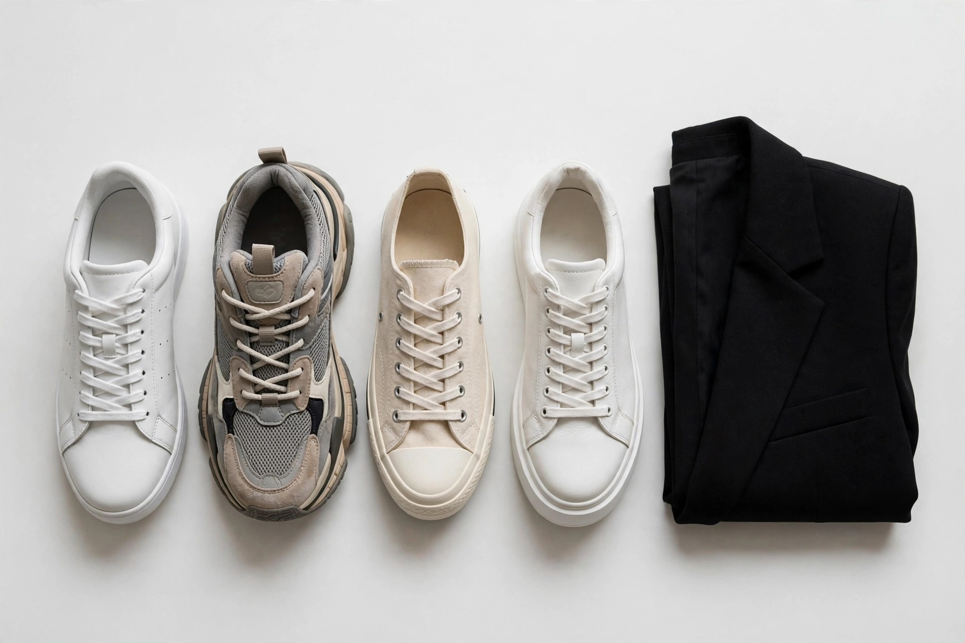 Flat lay of four sneaker types next to a blazer