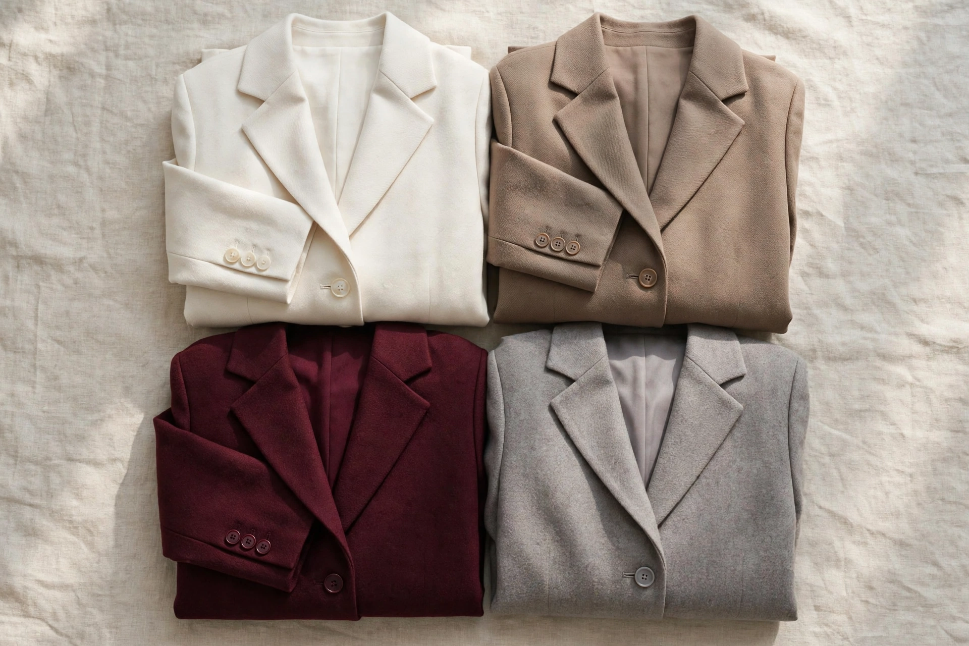 Flat lay of blazers in ivory, taupe, burgundy, and soft grey