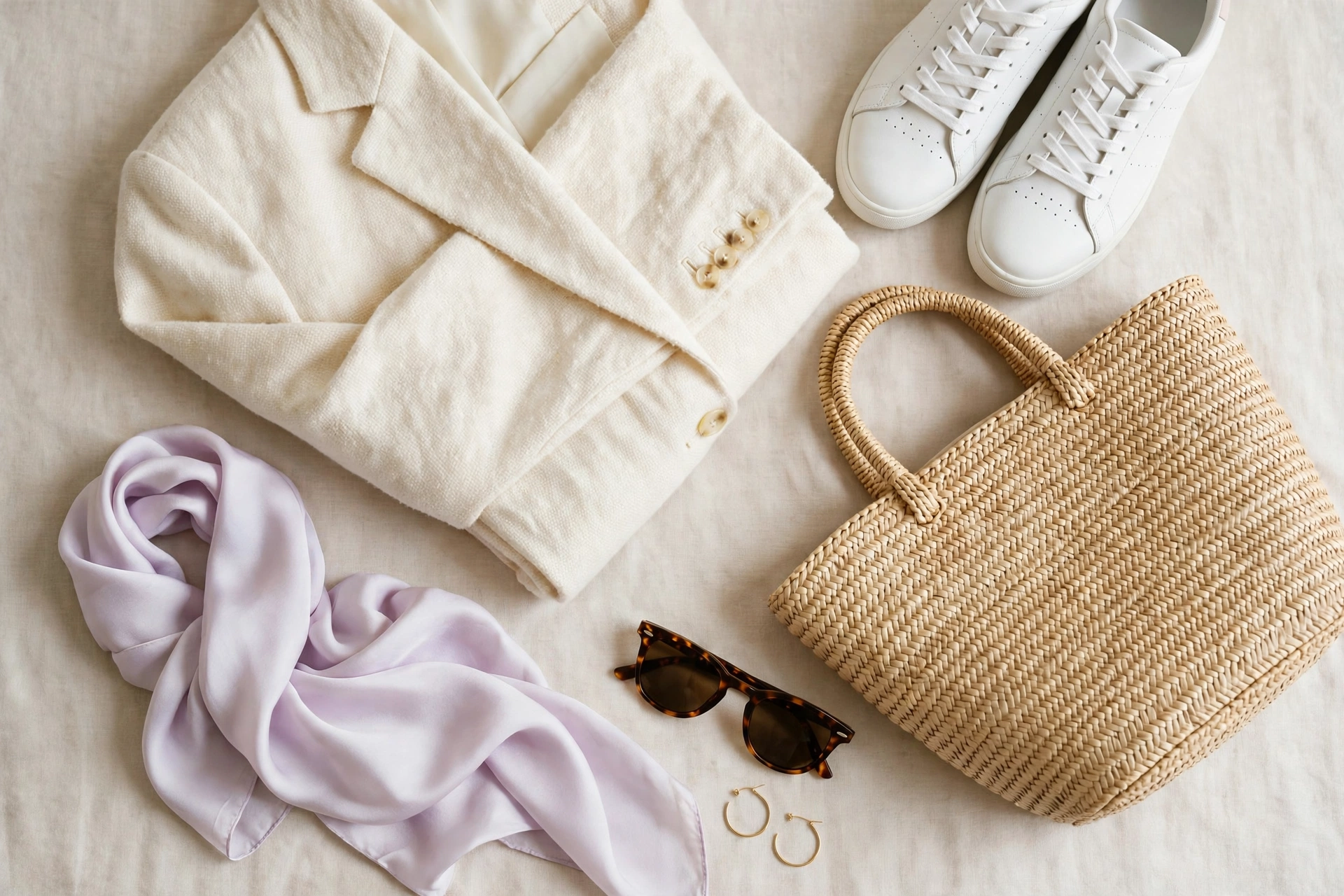 Flat lay of spring accessories including a tote, sneakers, and scarf for casual blazer outfits for spring