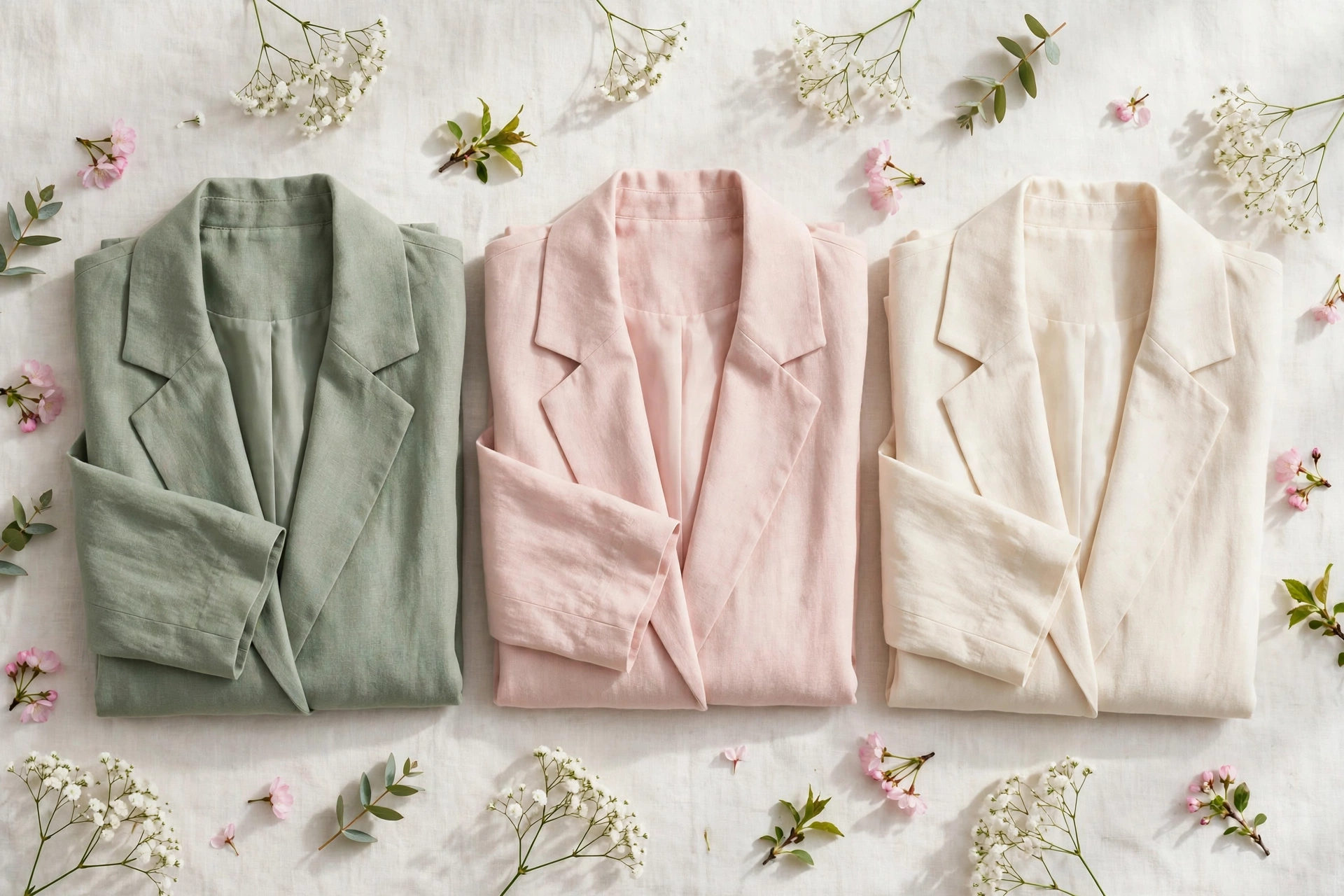 Flat lay of pastel blazers in sage, blush, and cream for casual blazer outfits for spring