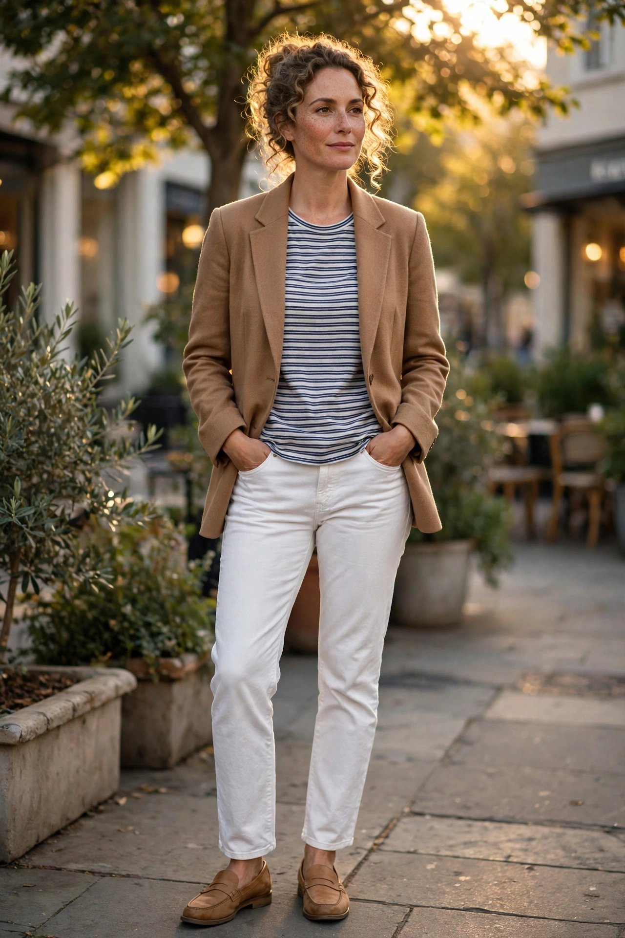 Camel blazer over a striped tee, a classic take on blazer and t-shirt outfits for women